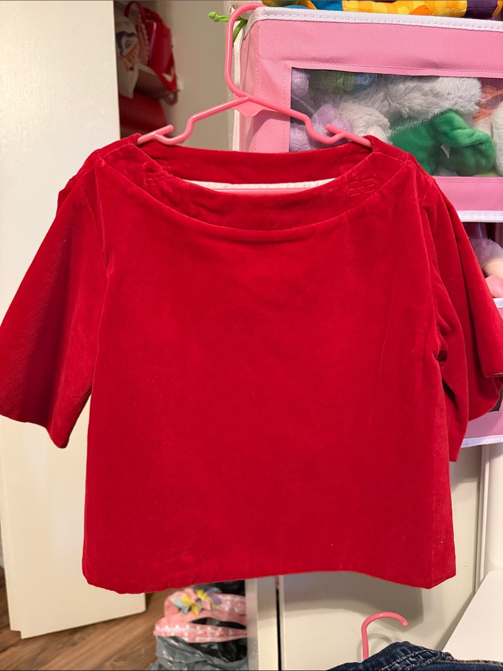 Girls' Red Velvet Long Sleeve Top - Classic Boat Neck